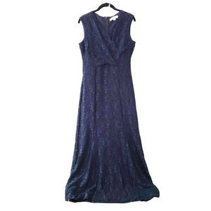Tahari ASL Sleeveless Floral Lace Sparkle Surplice Formal Gown, Navy Blue, 10